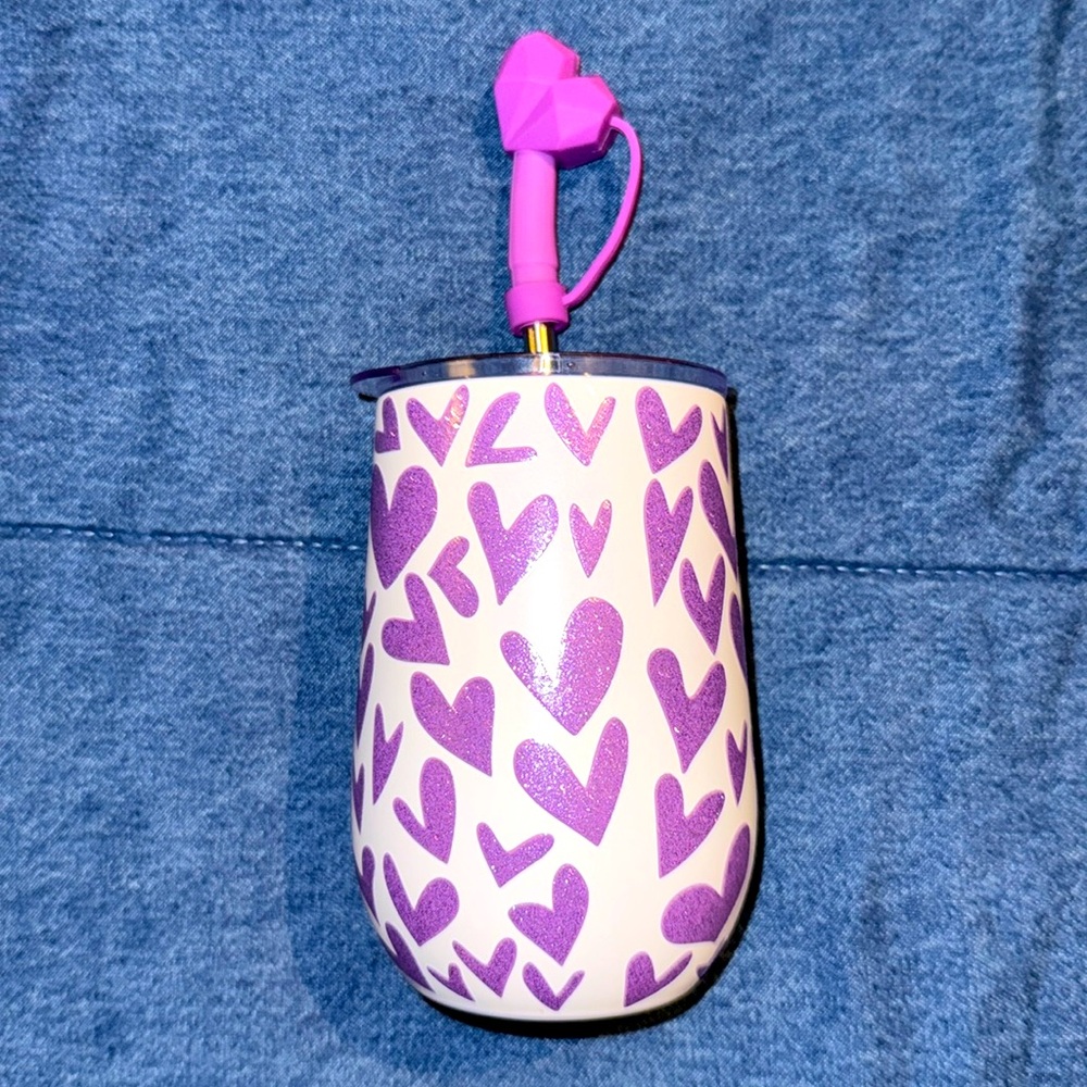 Tumbler, Double Wall Tumbler, NEW, White w/Purple Hearts, Comes w/Topper